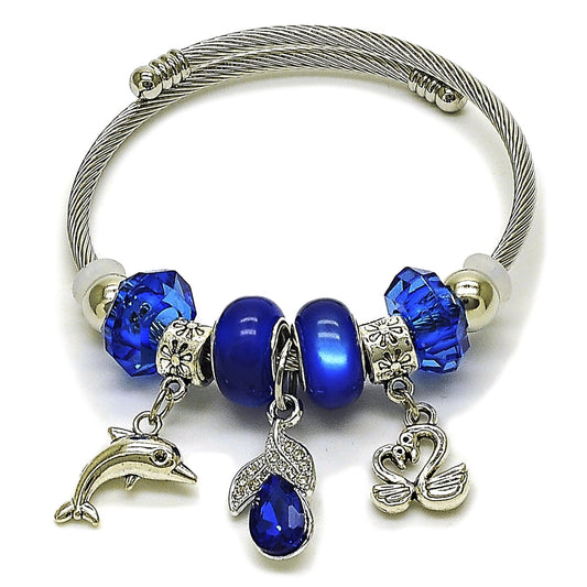 Stainless Steel Individual Bangle, Dolphin and Swan Design, with Capri Blue and Crystal Crystal, Polished, Rhodium Finish
