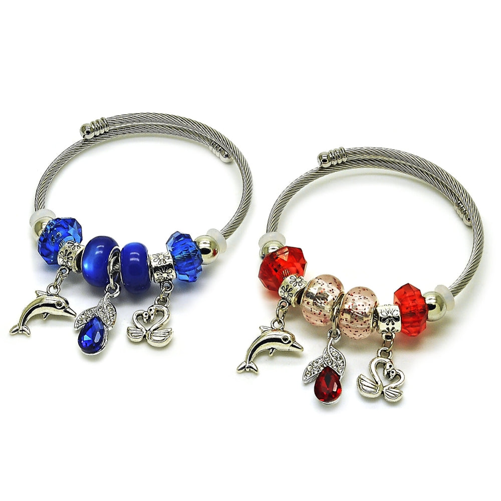Stainless Steel Individual Bangle, Dolphin and Swan Design, with Capri Blue and Crystal Crystal, Polished, Rhodium Finish