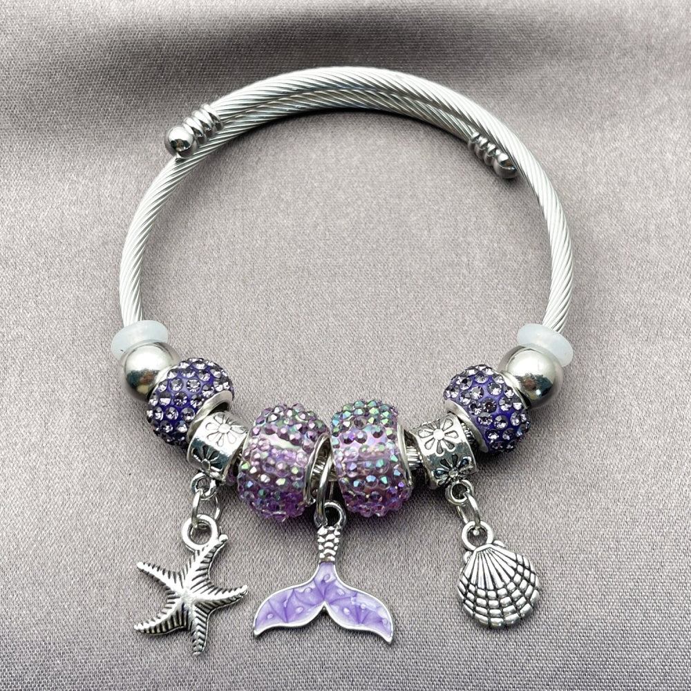 Stainless Steel Individual Bangle, Shell and Fish Design, with Tanzanite Crystal, Purple Enamel Finish, Steel Finish