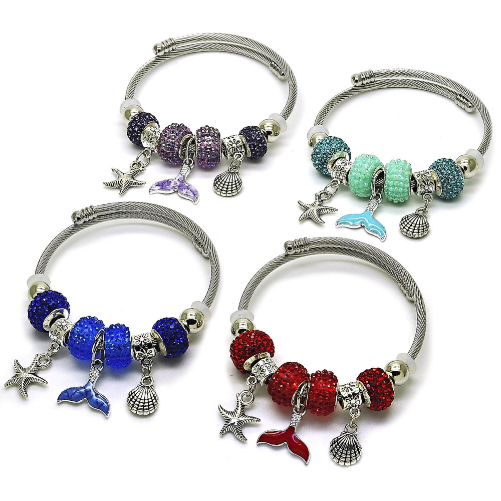 Stainless Steel Individual Bangle, Shell and Fish Design, with Tanzanite Crystal, Purple Enamel Finish, Steel Finish