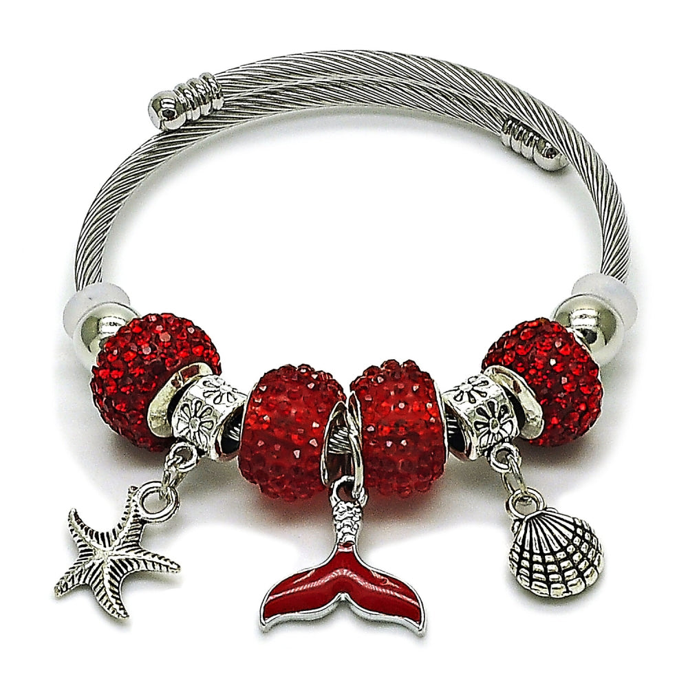 Stainless Steel Individual Bangle, Star and Shell Design, with Light Siam Crystal, Red Enamel Finish, Steel Finish