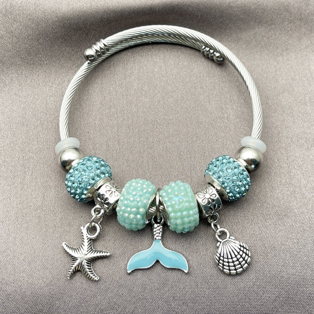 Stainless Steel Individual Bangle, Star and Shell Design, with Light Turquoise Crystal, Turquoise Enamel Finish, Steel Finish