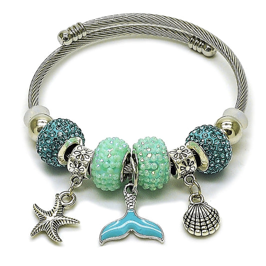 Stainless Steel Individual Bangle, Star and Shell Design, with Light Turquoise Crystal, Turquoise Enamel Finish, Steel Finish