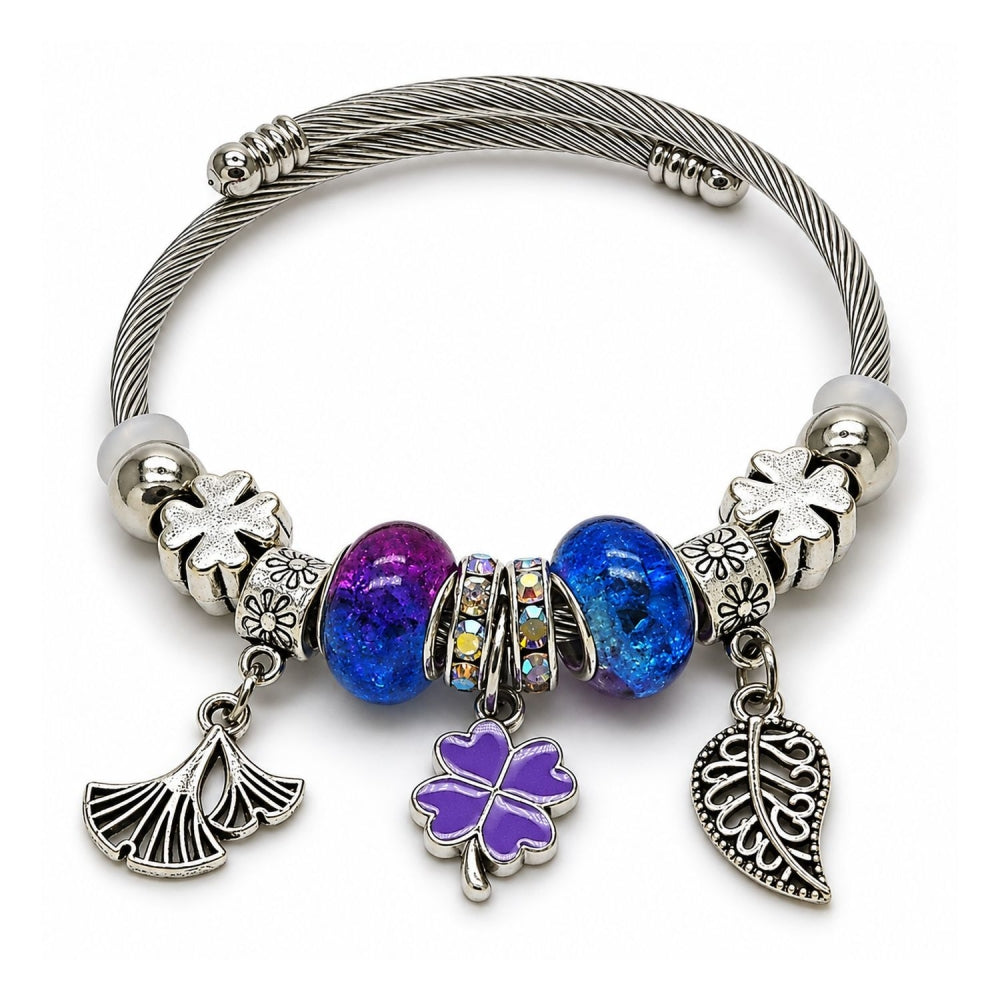 Stainless Steel Individual Bangle, Leaf and Four-leaf Clover Design, with Multicolor Crystal, Purple Enamel Finish, Rhodium Finish