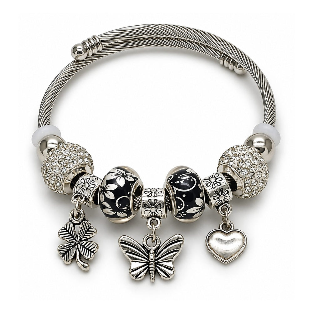 Stainless Steel Individual Bangle, Butterfly and Heart Design, with Crystal Crystal, Polished, Rhodium Finish
