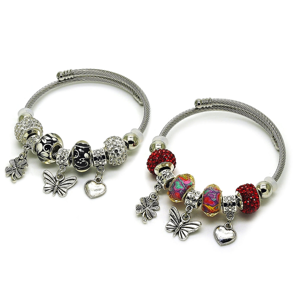 Stainless Steel Individual Bangle, Butterfly and Four-leaf Clover Design, with Light Siam Crystal, Polished, Rhodium Finish