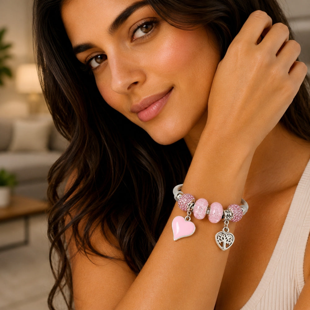 Stainless Steel Individual Bangle, Heart and Tree Design, with Light Rose Crystal, Pink Enamel Finish, Rhodium Finish