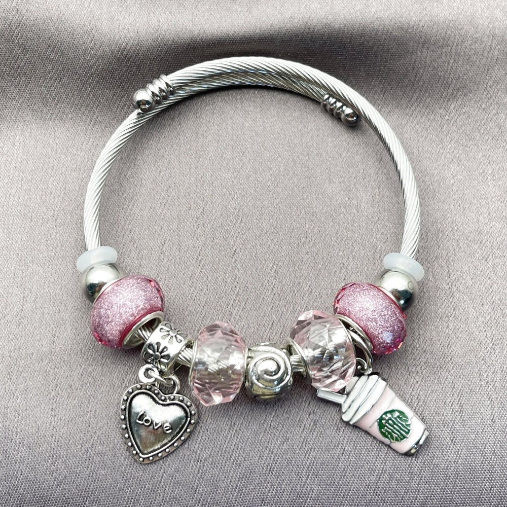 Stainless Steel Individual Bangle, Heart and Drink Glass Design, with Light Rose Crystal, Pink Enamel Finish, Rhodium Finish
