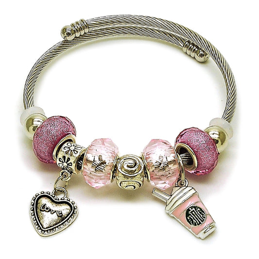 Stainless Steel Individual Bangle, Heart and Drink Glass Design, with Light Rose Crystal, Pink Enamel Finish, Rhodium Finish