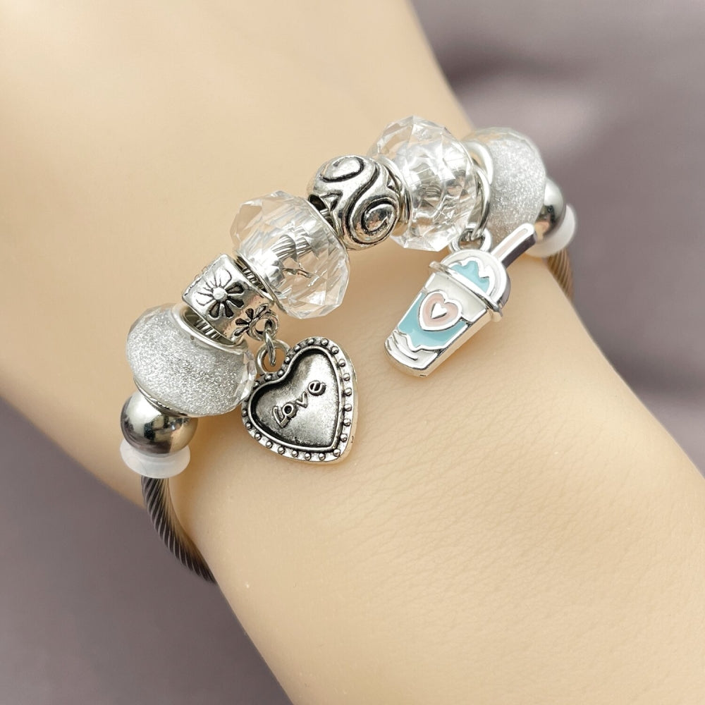 Stainless Steel Individual Bangle, Heart and Drink Glass Design, with Crystal Crystal, White Enamel Finish, Rhodium Finish