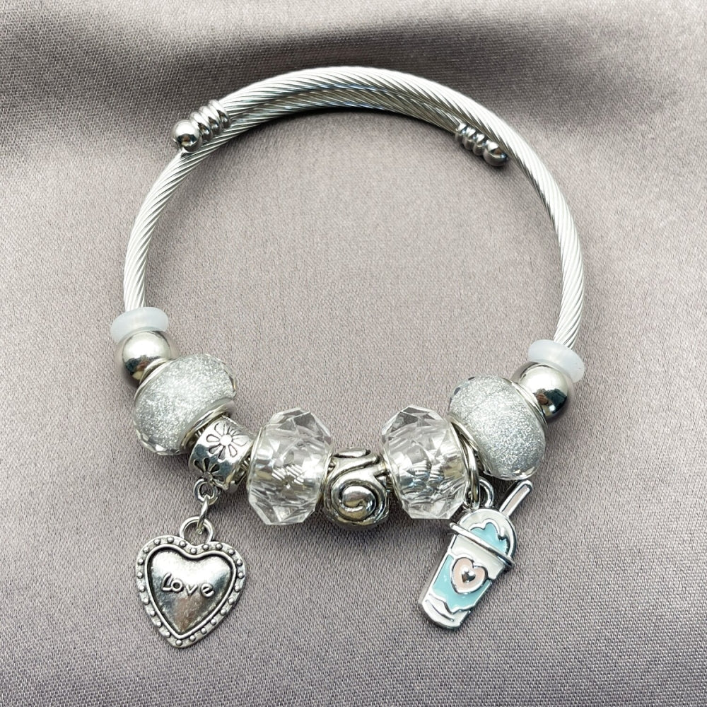 Stainless Steel Individual Bangle, Heart and Drink Glass Design, with Crystal Crystal, White Enamel Finish, Rhodium Finish