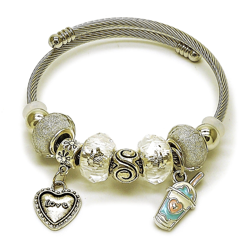 Stainless Steel Individual Bangle, Heart and Drink Glass Design, with Crystal Crystal, White Enamel Finish, Rhodium Finish