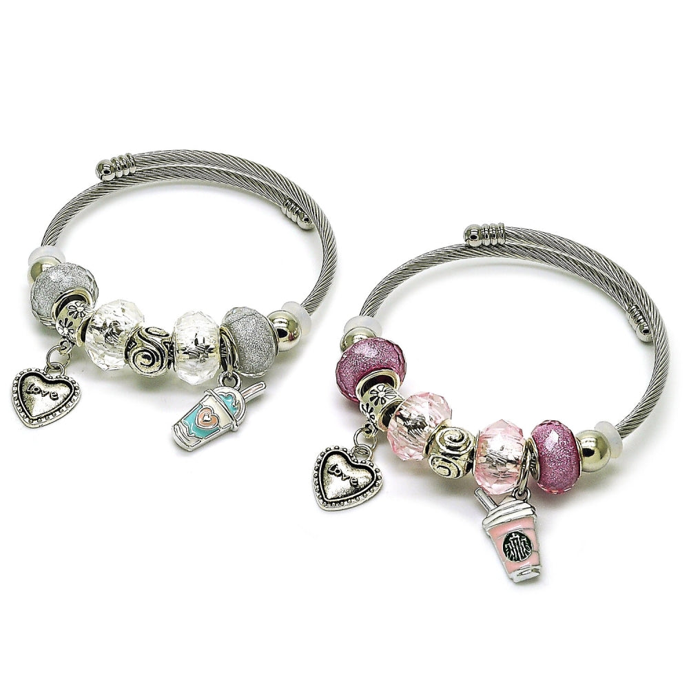 Stainless Steel Individual Bangle, Heart and Drink Glass Design, with Crystal Crystal, White Enamel Finish, Rhodium Finish