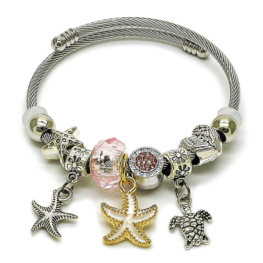 Stainless Steel Individual Bangle, Star and Turtle Design, with Light Rose Crystal, White Enamel Finish, Two Tone
