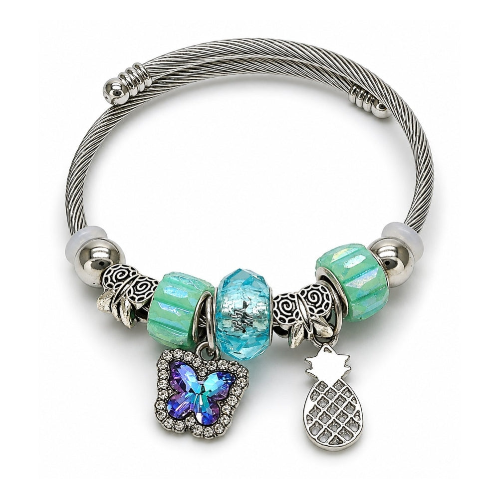 Stainless Steel Individual Bangle, Butterfly and Pineapple Design, with Light Turquoise and Turquoise Crystal, Polished, Rhodium Finish