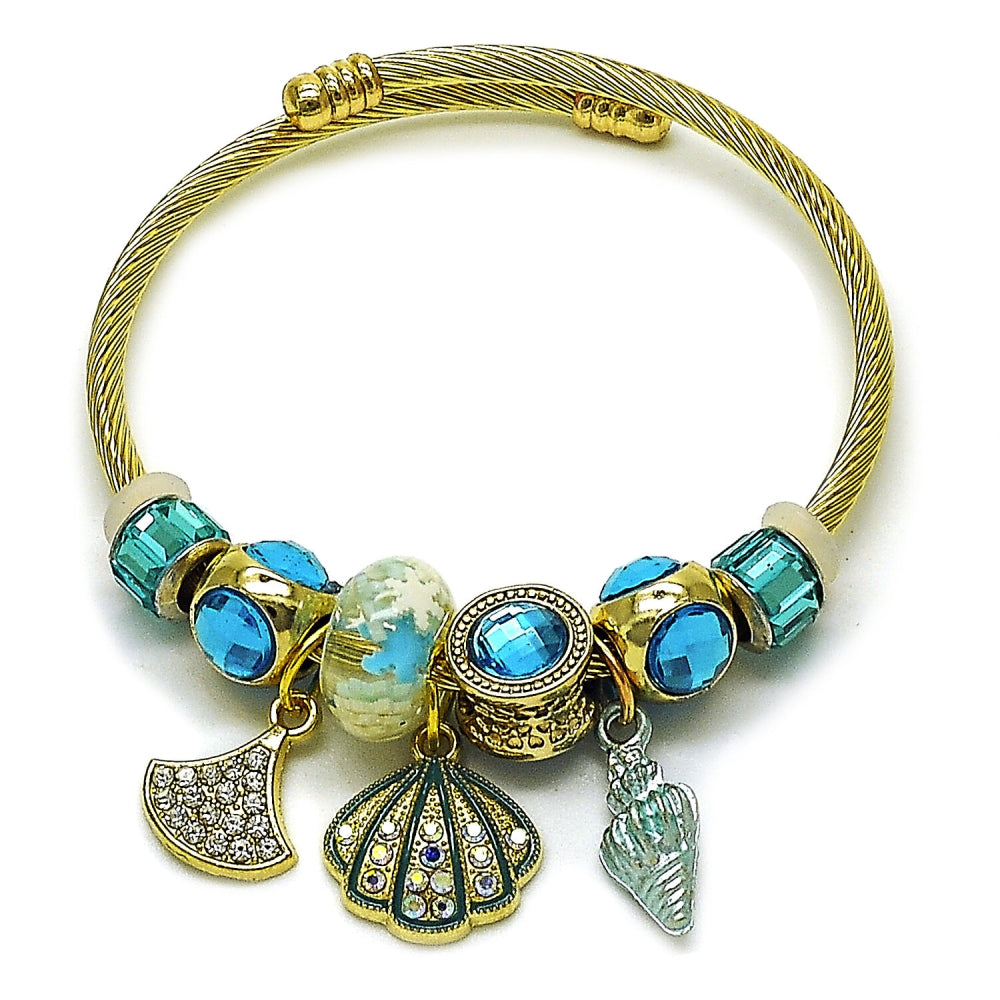 Stainless Steel Individual Bangle, Shell and Snail Design, with Light Turquoise and Blue Zircon Crystal, Turquoise Enamel Finish, Golden Finish