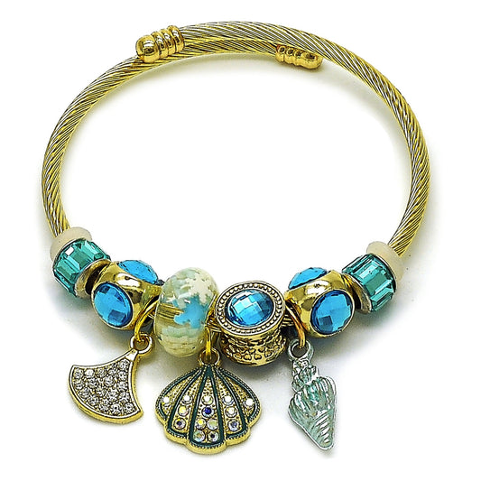 Stainless Steel Individual Bangle, Shell and Snail Design, with Light Turquoise and Blue Zircon Crystal, Turquoise Enamel Finish, Golden Finish