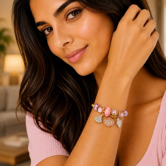 Stainless Steel Individual Bangle, Shell and Snail Design, with Light Rose and Aurore Boreale Crystal, Pink Enamel Finish, Golden Finish