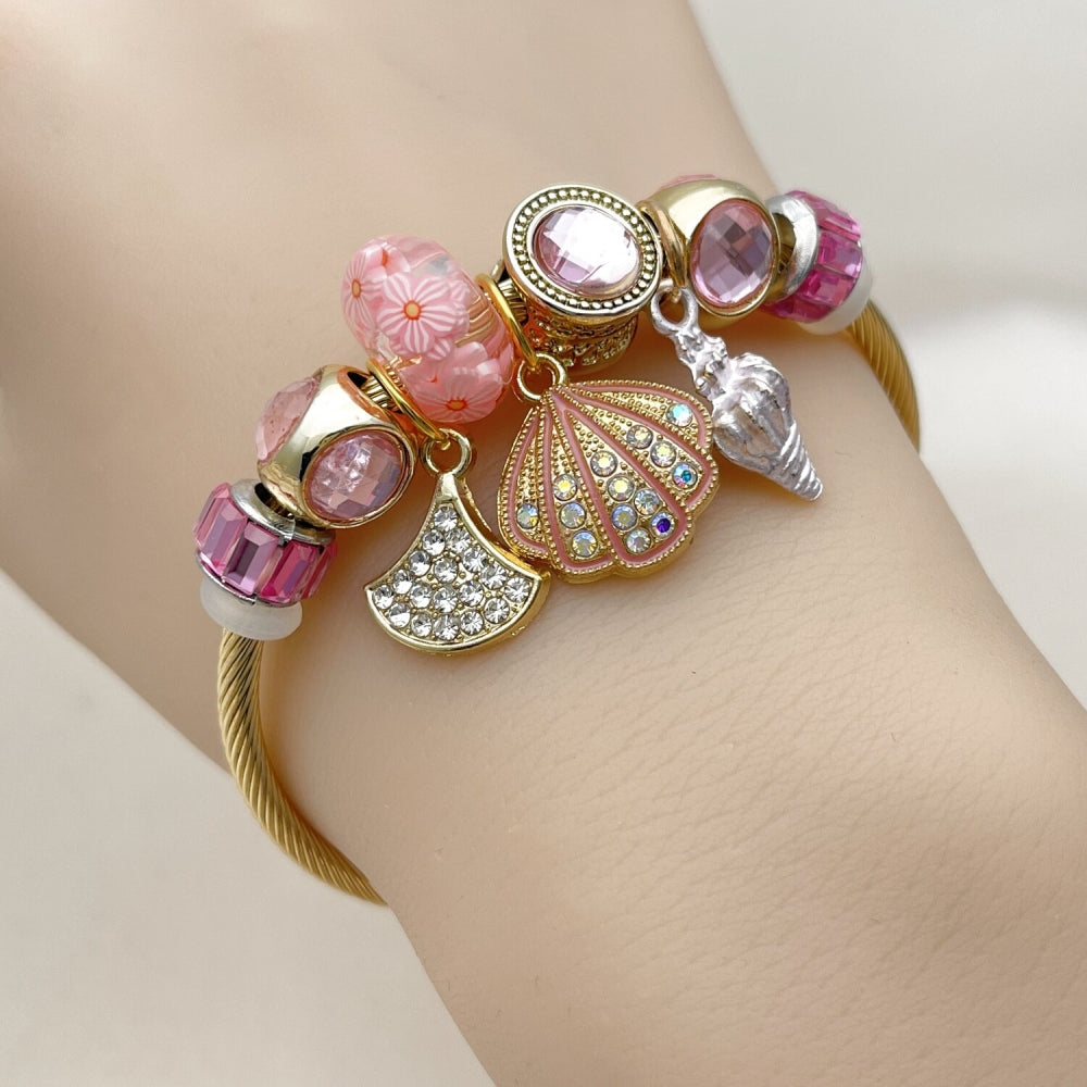 Stainless Steel Individual Bangle, Shell and Snail Design, with Light Rose and Aurore Boreale Crystal, Pink Enamel Finish, Golden Finish