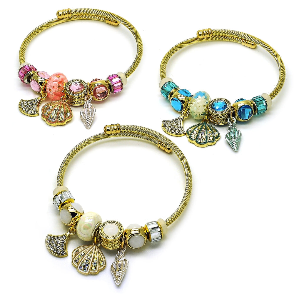 Stainless Steel Individual Bangle, Shell and Snail Design, with Light Rose and Aurore Boreale Crystal, Pink Enamel Finish, Golden Finish