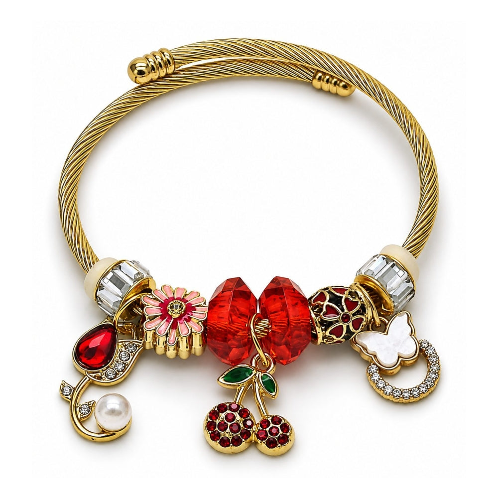 Stainless Steel Individual Bangle, Flower and Cherry Design, with Light Siam and Crystal Crystal, Red Enamel Finish, Golden Finish
