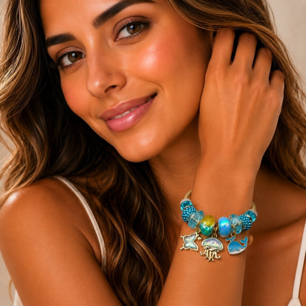 Stainless Steel Individual Bangle, Fish and Butterfly Design, with Light Turquoise Crystal, Turquoise Enamel Finish, Golden Finish