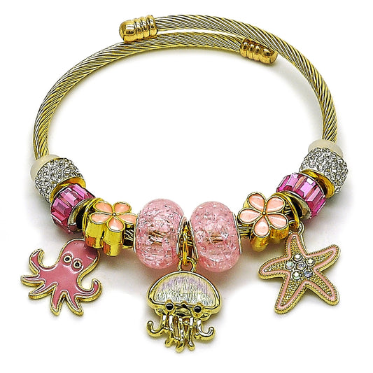 Stainless Steel Individual Bangle, Star and Flower Design, with Rose and Light Rose Crystal, Pink Enamel Finish, Golden Finish