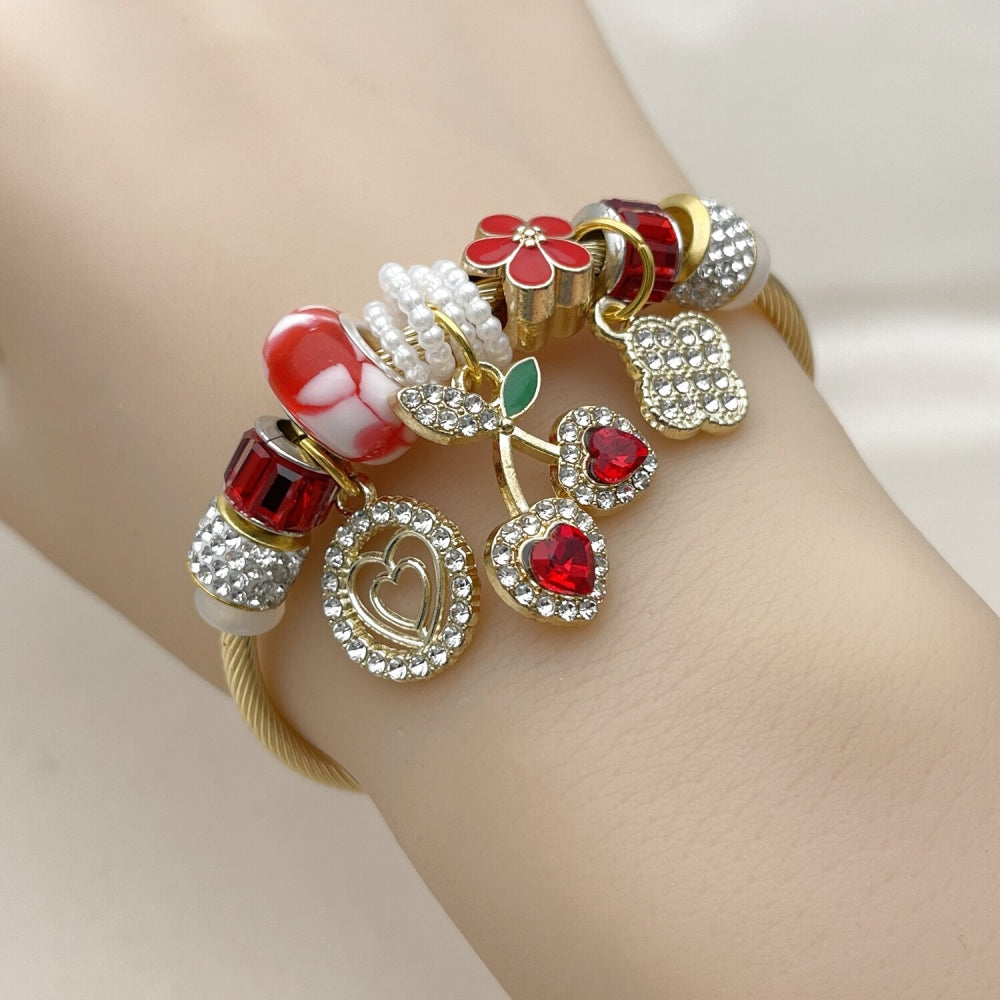 Stainless Steel Individual Bangle, Cherry and Heart Design, with Siam and Crystal Crystal, Red Enamel Finish, Golden Finish