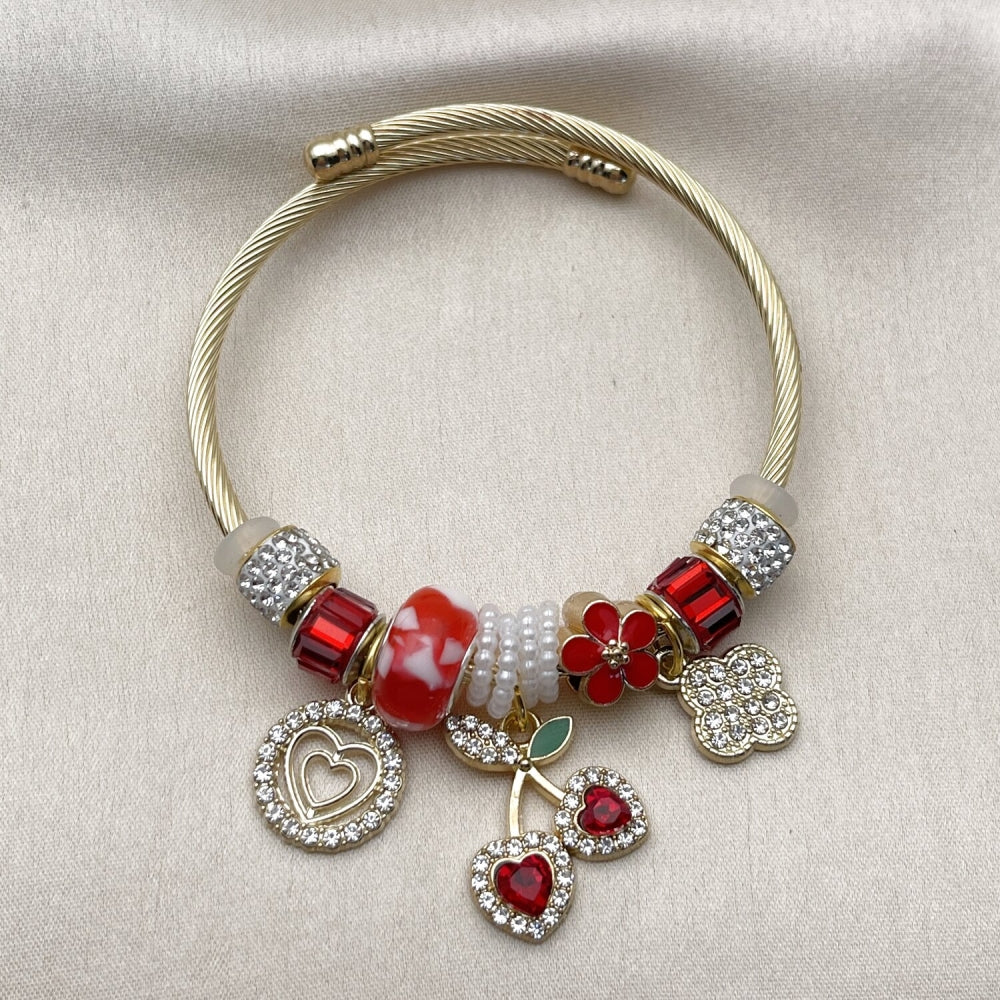 Stainless Steel Individual Bangle, Cherry and Heart Design, with Siam and Crystal Crystal, Red Enamel Finish, Golden Finish
