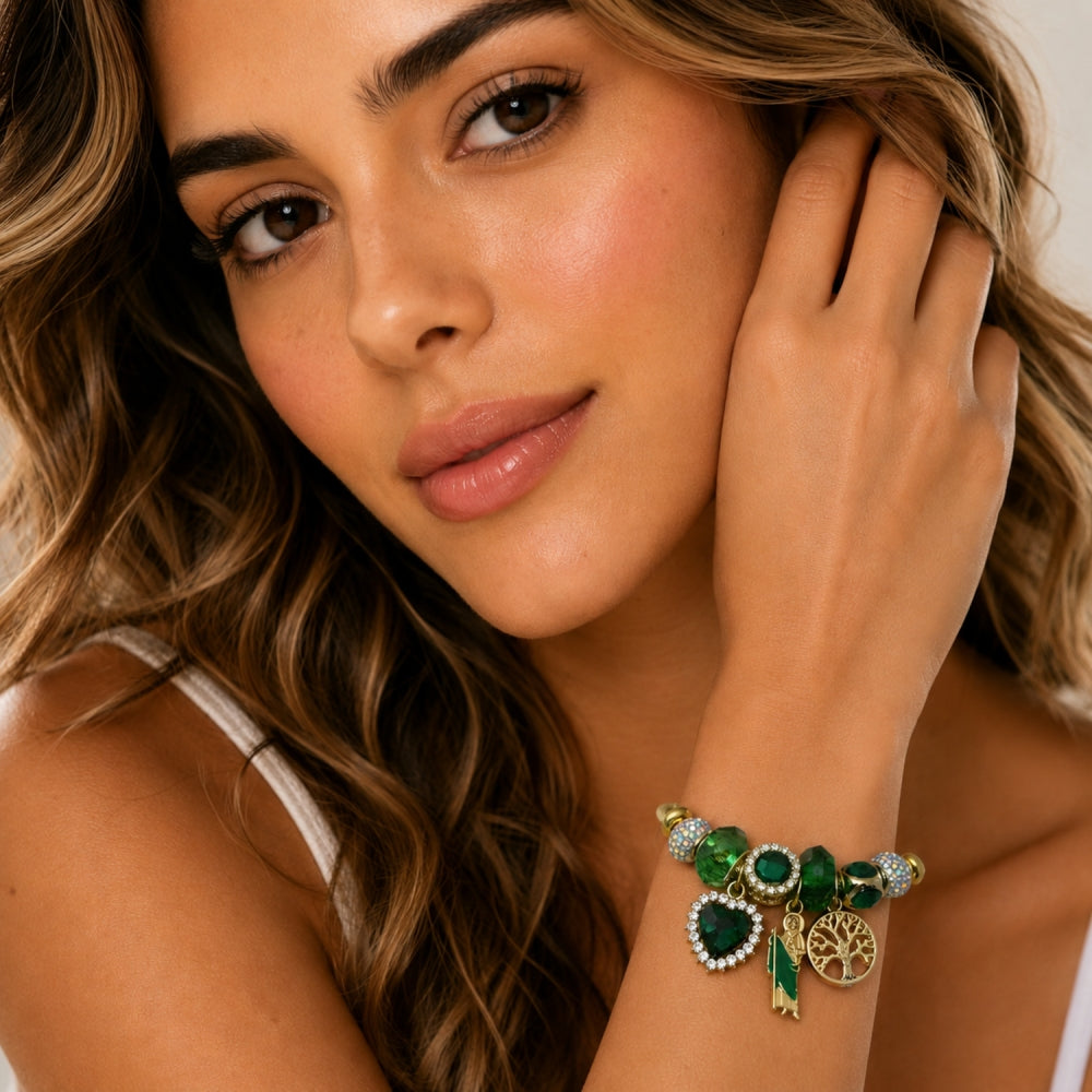 Stainless Steel Individual Bangle, San Judas and Heart Design, with Emerald and Aurore Boreale Crystal, Green Enamel Finish, Golden Finish