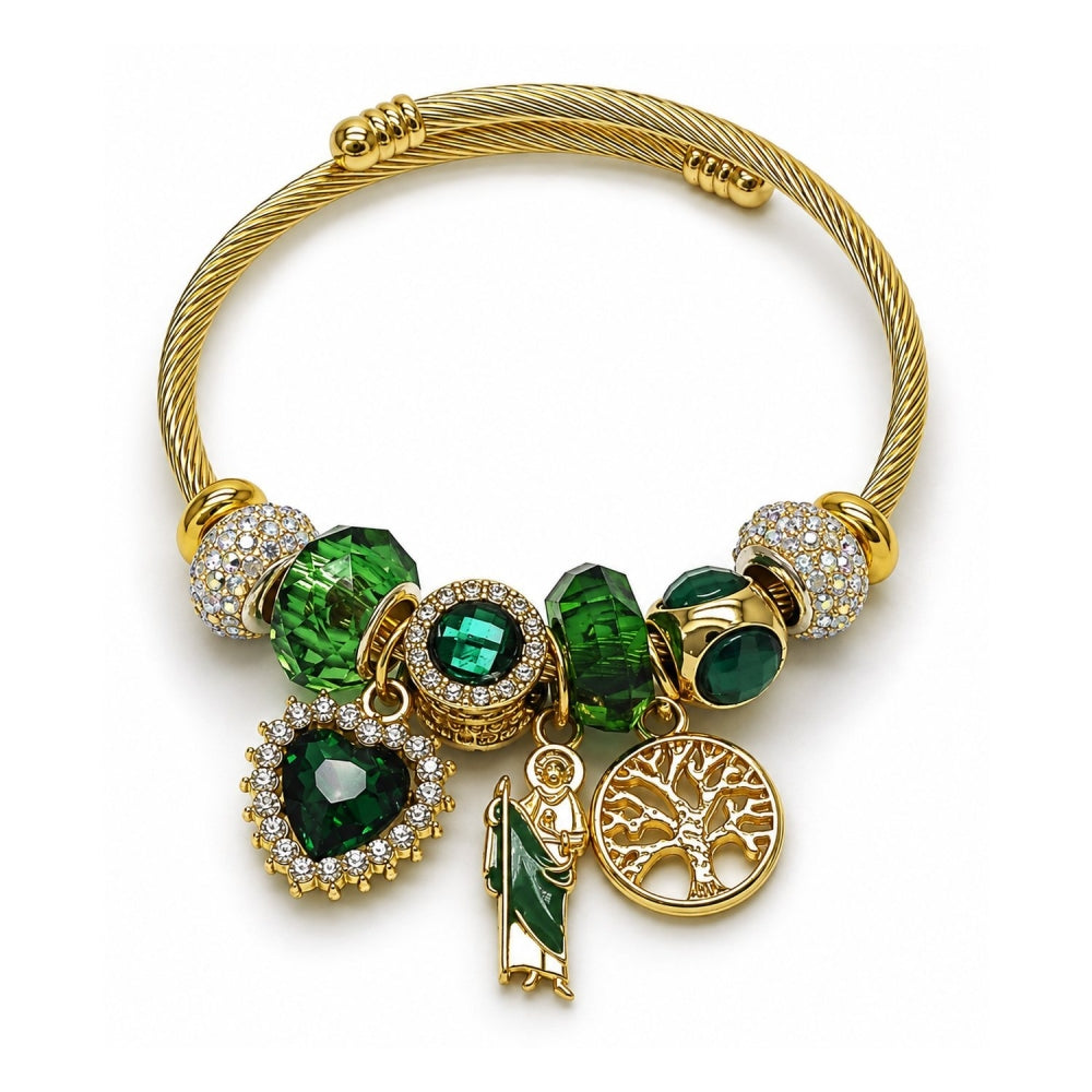 Stainless Steel Individual Bangle, San Judas and Heart Design, with Emerald and Aurore Boreale Crystal, Green Enamel Finish, Golden Finish