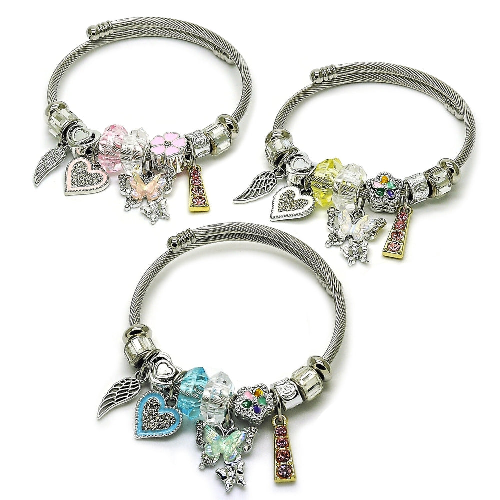 Stainless Steel Individual Bangle, Butterfly and Heart Design, with Crystal and Light Turquoise Crystal, Turquoise Enamel Finish, Two Tone