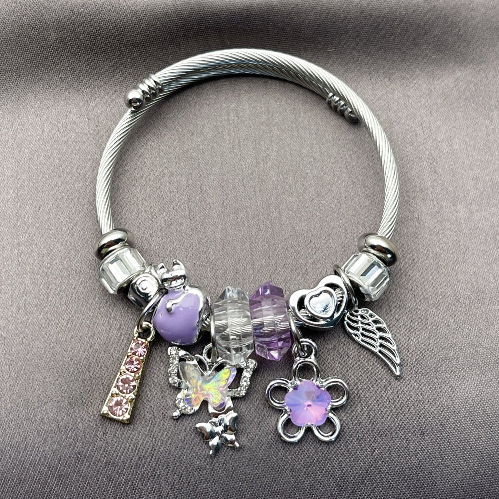 Stainless Steel Individual Bangle, Butterfly and Flower Design, with Violet and Crystal Crystal, Purple Enamel Finish, Two Tone