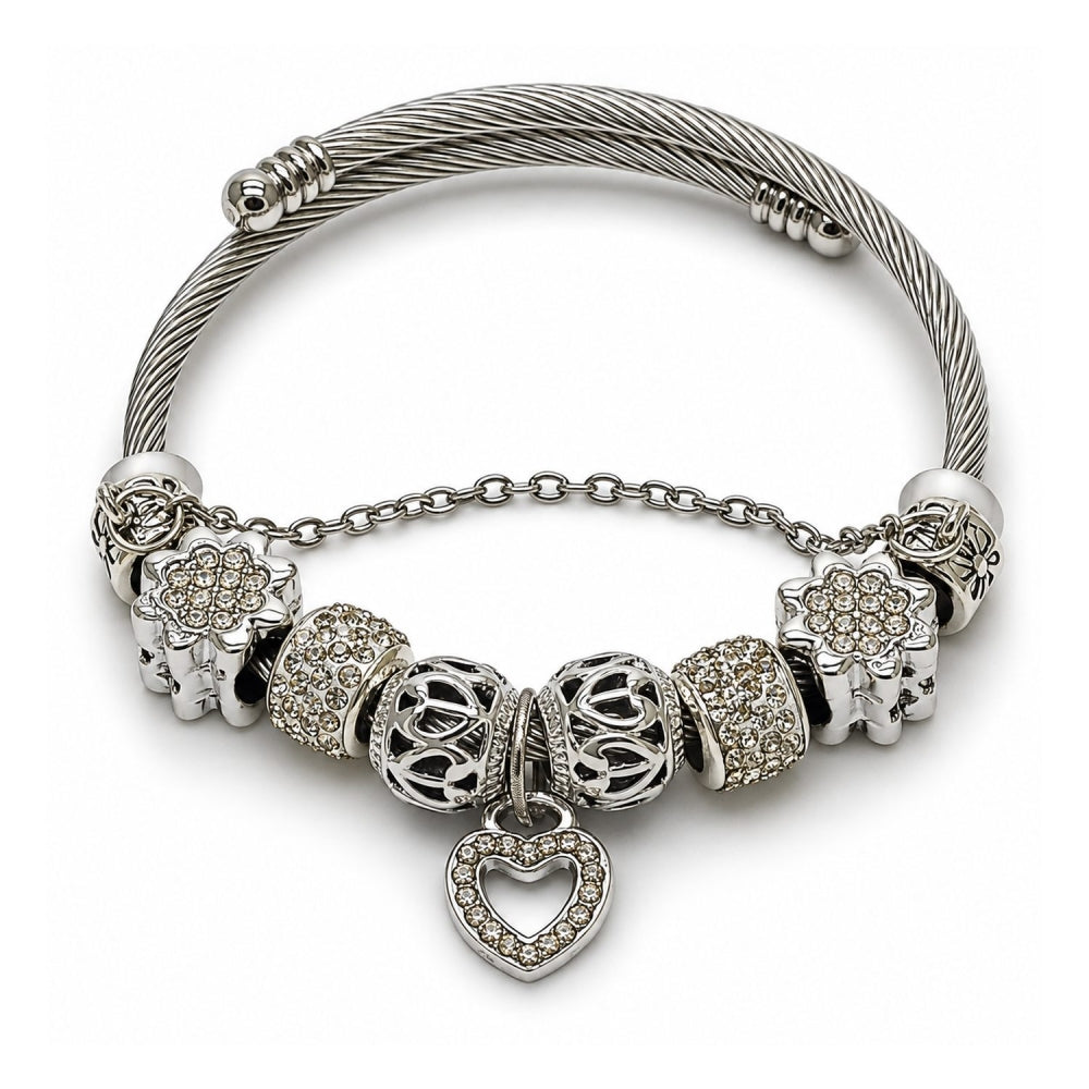 Stainless Steel Individual Bangle, Heart and Flower Design, with Crystal Crystal, Polished, Rhodium Finish