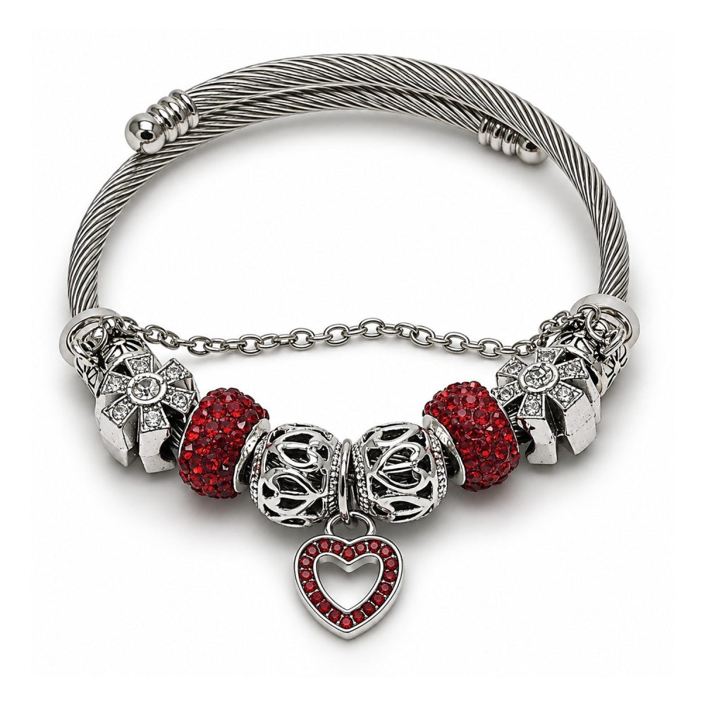 Stainless Steel Individual Bangle, Heart and Flower Design, with Light Siam and Crystal Crystal, Polished, Rhodium Finish