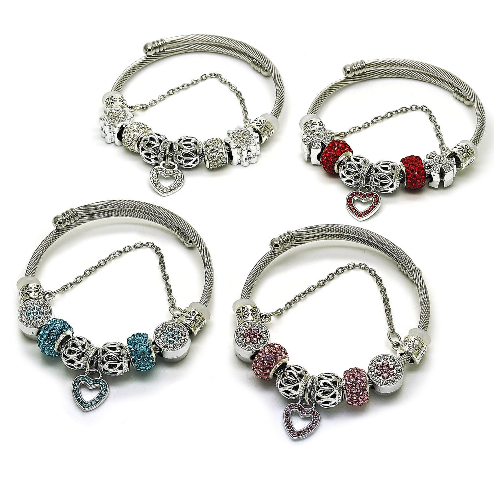 Stainless Steel Individual Bangle, Heart and Flower Design, with Light Siam and Crystal Crystal, Polished, Rhodium Finish