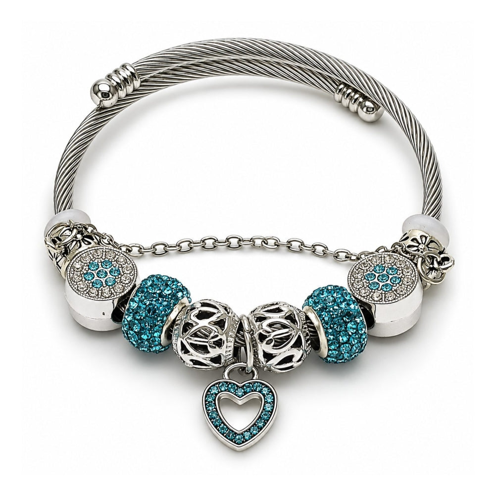 Stainless Steel Individual Bangle, Heart and Flower Design, with Crystal and Light Turquoise Crystal, Polished, Rhodium Finish