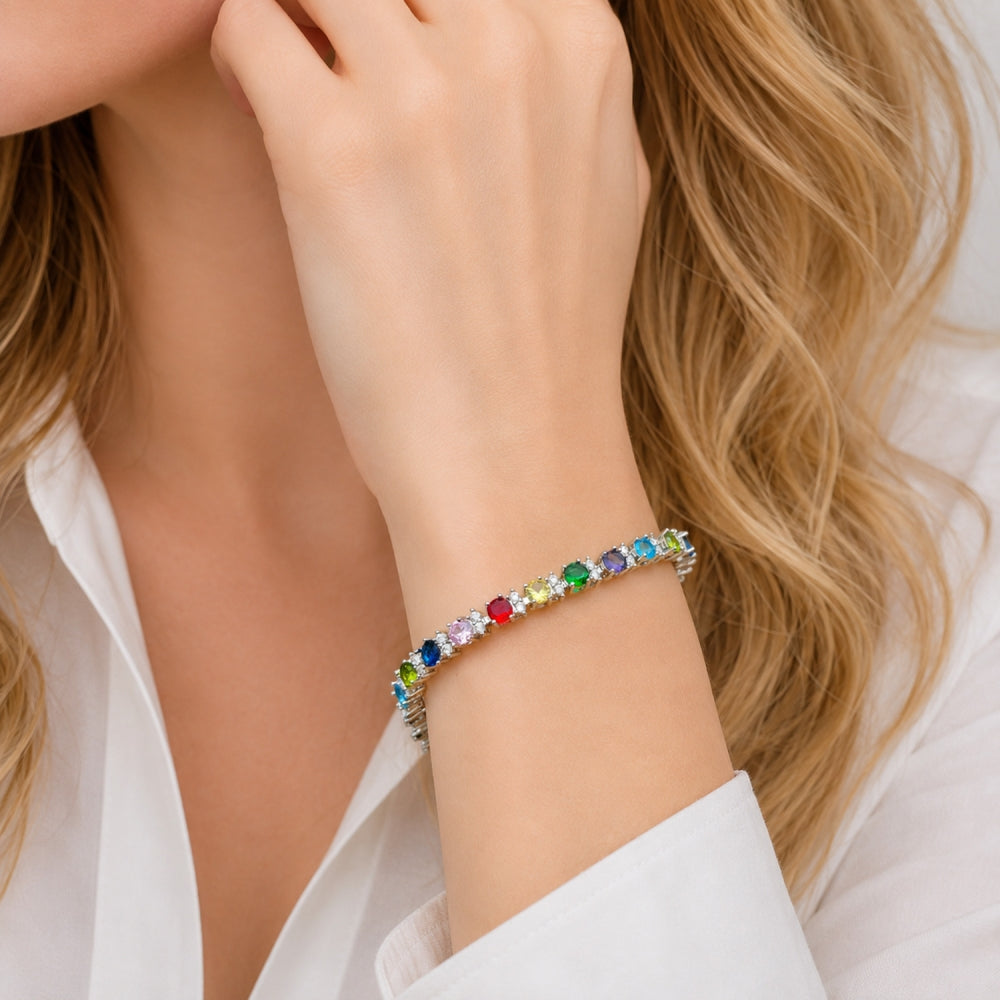 White Gold Filled Tennis Bracelet, with Multicolor and White Cubic Zirconia, Polished, Rhodium Finish