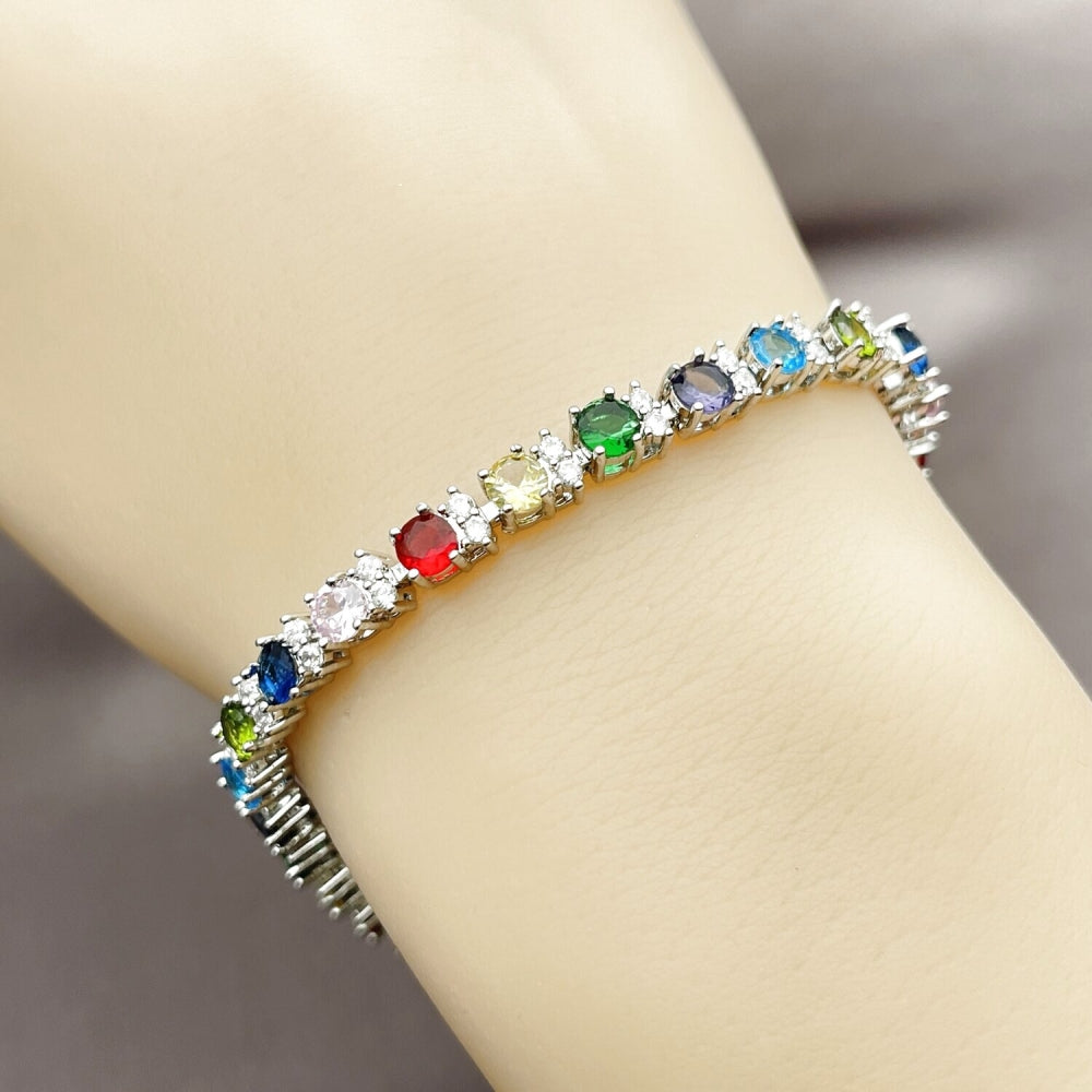 White Gold Filled Tennis Bracelet, with Multicolor and White Cubic Zirconia, Polished, Rhodium Finish