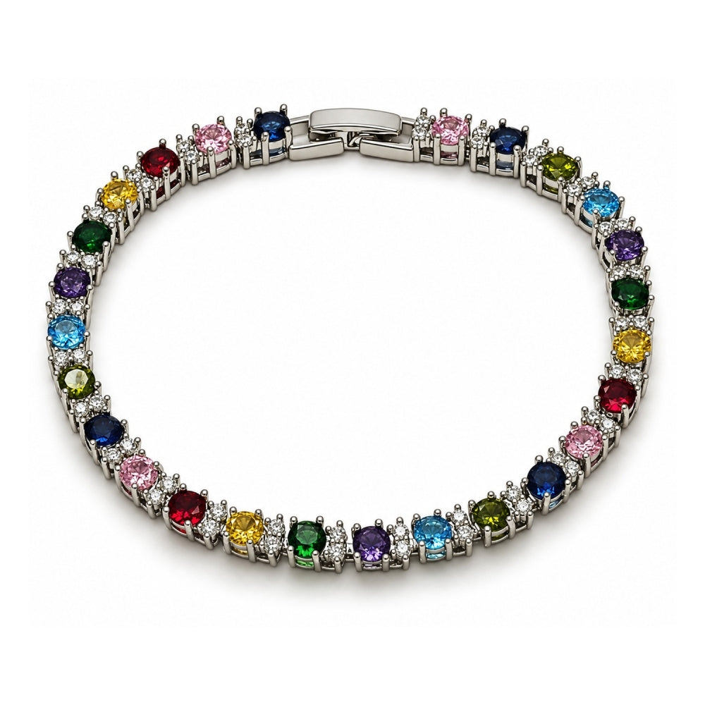 White Gold Filled Tennis Bracelet, with Multicolor and White Cubic Zirconia, Polished, Rhodium Finish
