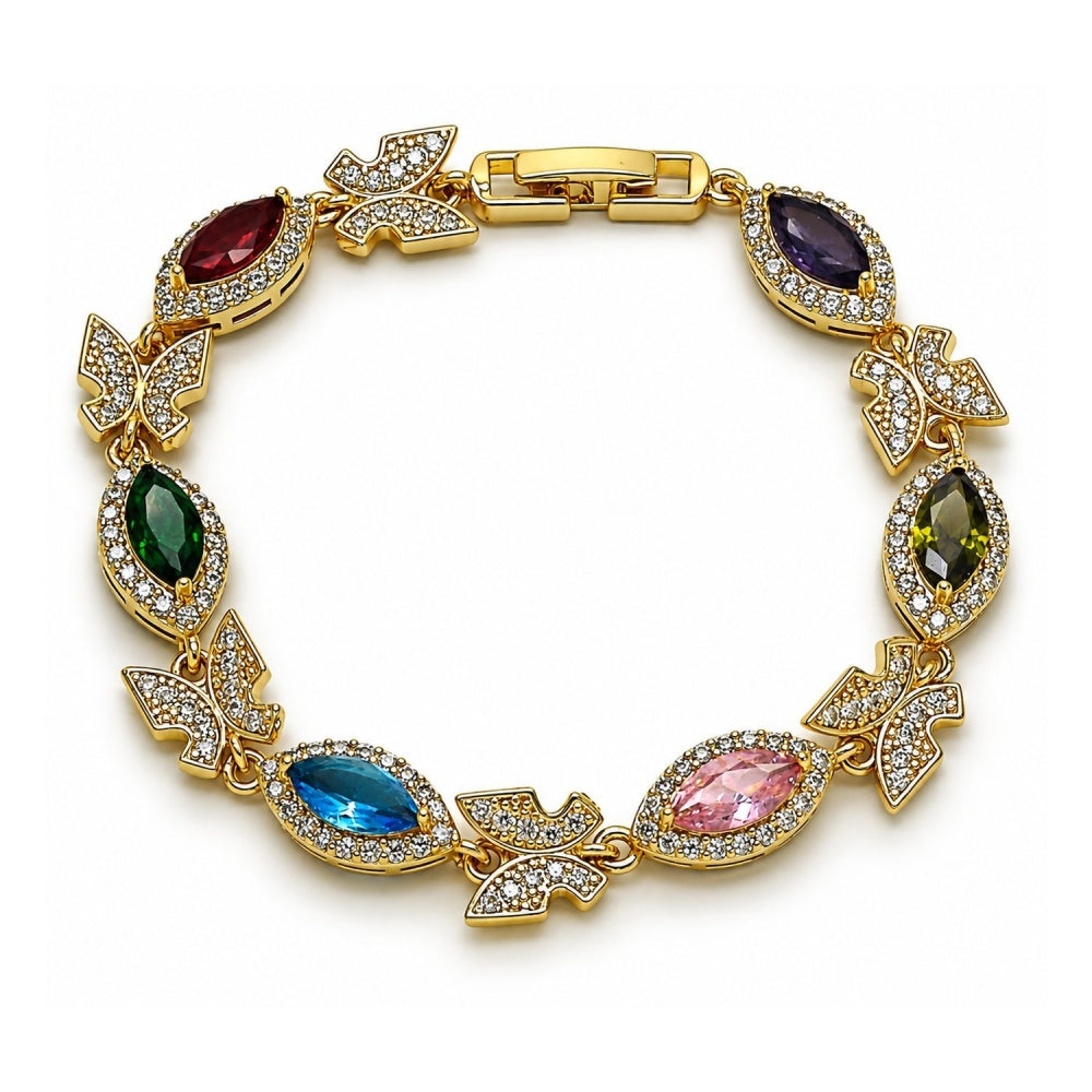 Oro Laminado Tennis Bracelet, Gold Filled Style Butterfly and Cluster Design, with Multicolor and White Cubic Zirconia, Polished, Golden Finish