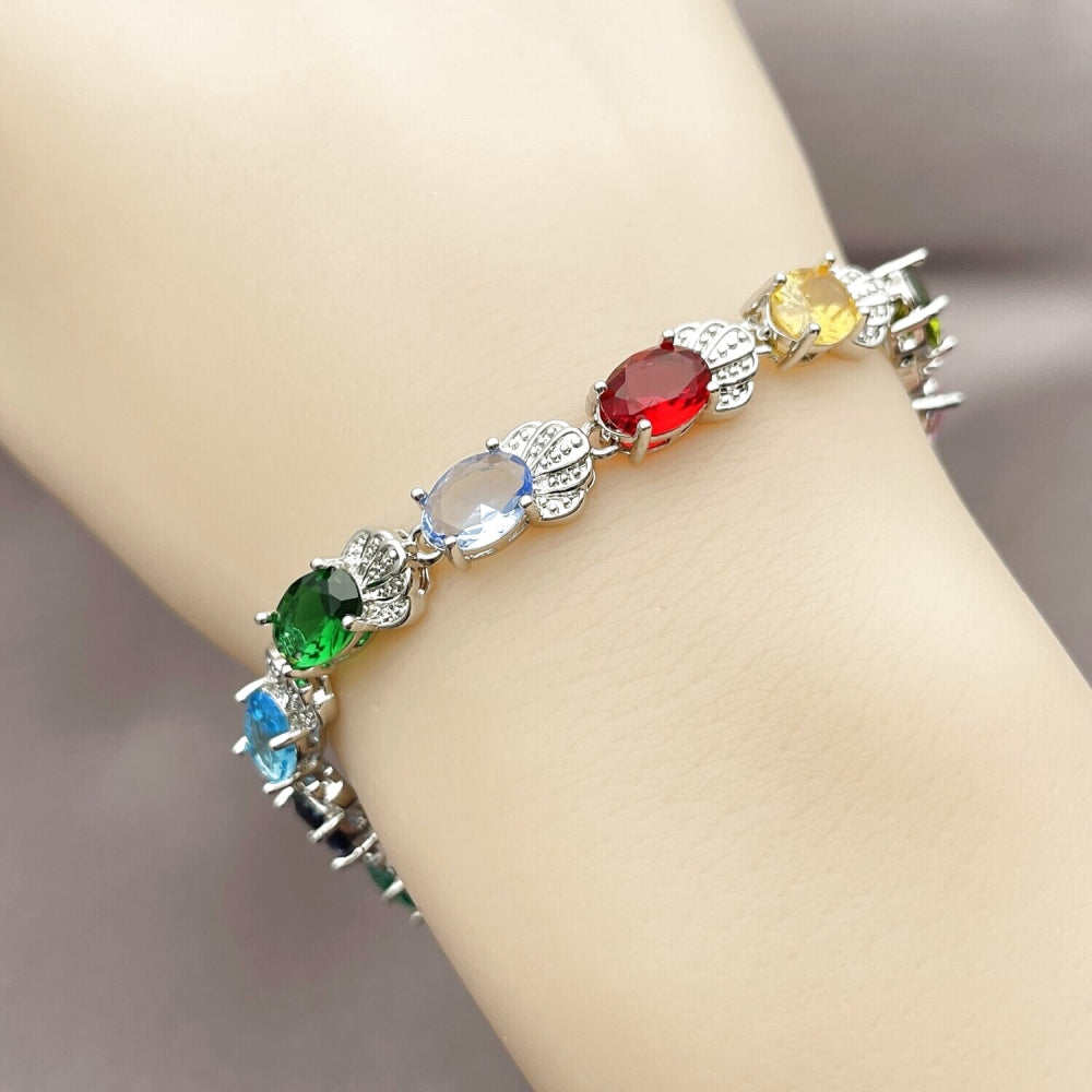 White Gold Filled Tennis Bracelet, Shell Design, with Multicolor Cubic Zirconia, Polished, Rhodium Finish