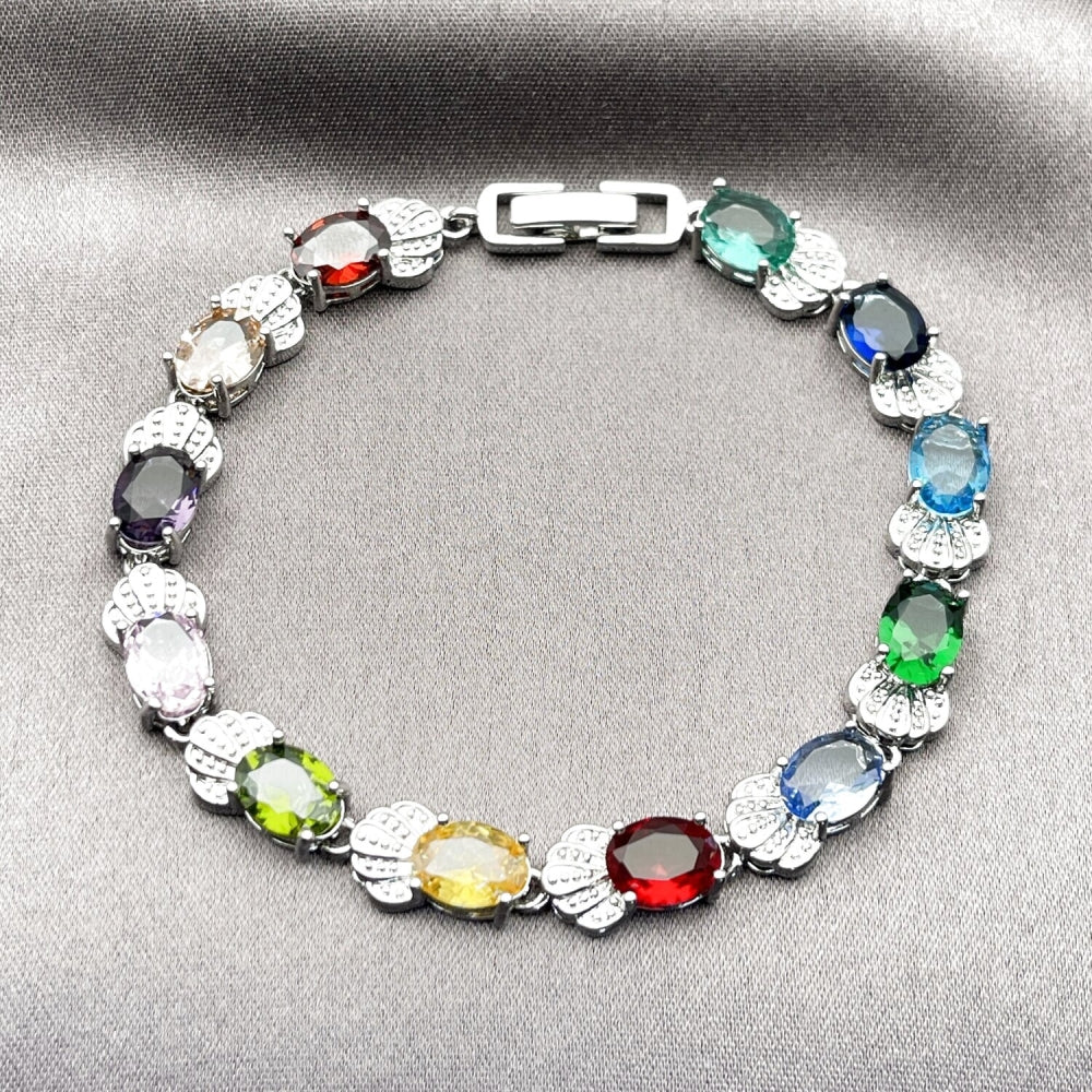 White Gold Filled Tennis Bracelet, Shell Design, with Multicolor Cubic Zirconia, Polished, Rhodium Finish
