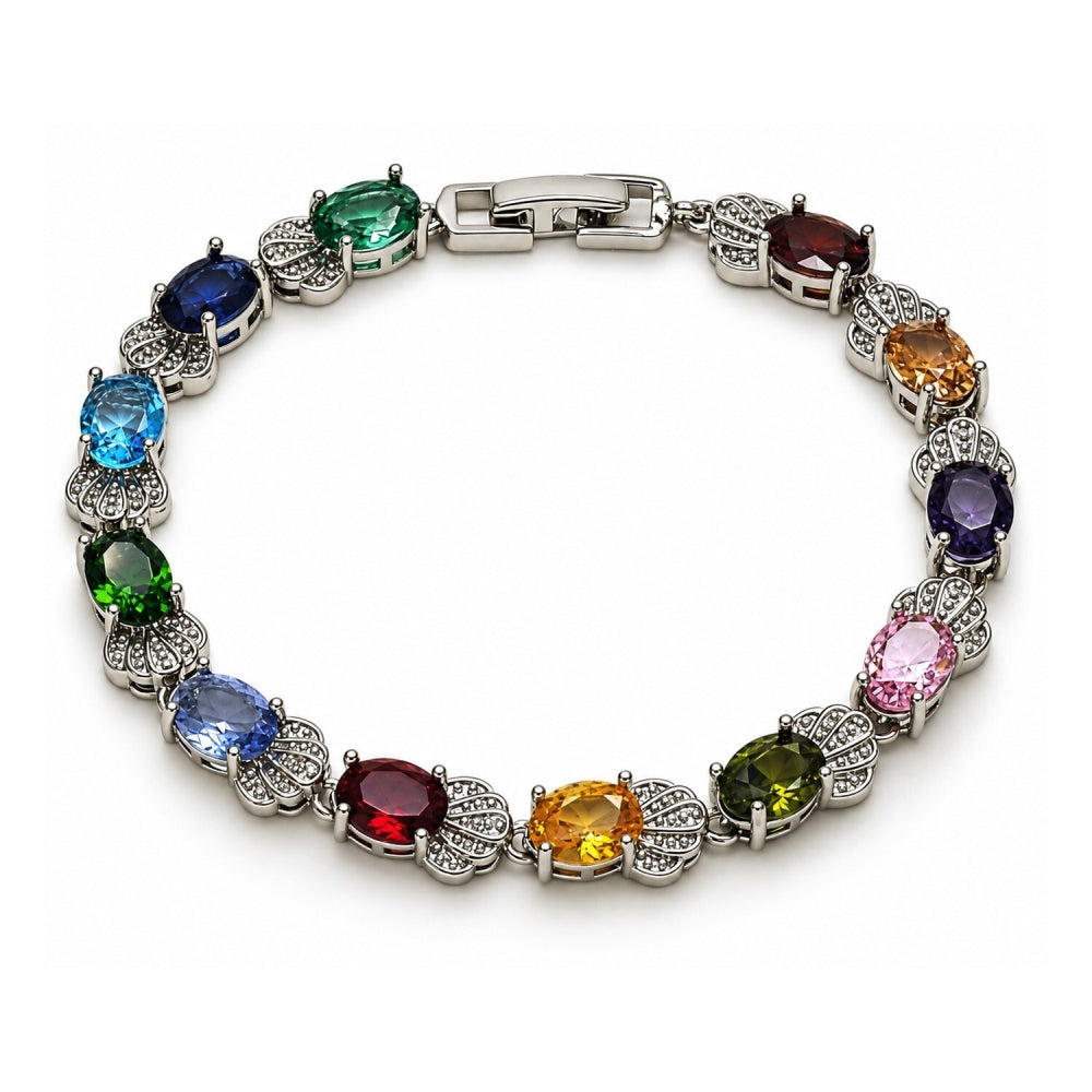 White Gold Filled Tennis Bracelet, Shell Design, with Multicolor Cubic Zirconia, Polished, Rhodium Finish