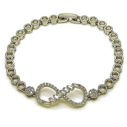 Rhodium Gold Filled Fancy Bracelet, Infinite and Baguette Design, with White Cubic Zirconia and White Micro Pave, Polished, Rhodium Finish