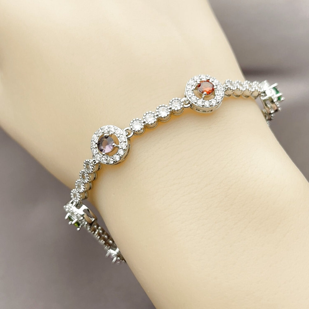 Rhodium Gold Filled Tennis Bracelet, Cluster Design, with Multicolor and White Cubic Zirconia, Polished, Rhodium Finish