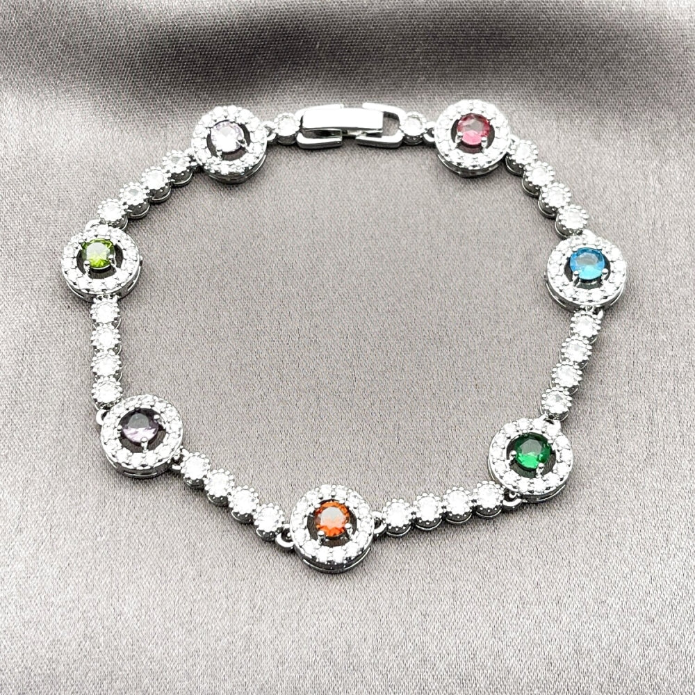 Rhodium Gold Filled Tennis Bracelet, Cluster Design, with Multicolor and White Cubic Zirconia, Polished, Rhodium Finish