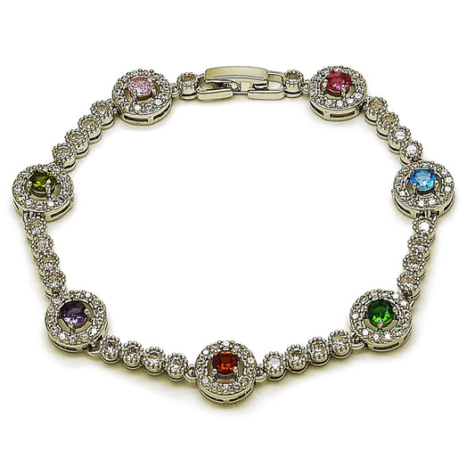 Rhodium Gold Filled Tennis Bracelet, Cluster Design, with Multicolor and White Cubic Zirconia, Polished, Rhodium Finish