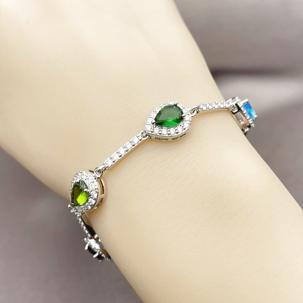 White Gold Filled Tennis Bracelet, Teardrop and Cluster Design, with Multicolor and White Cubic Zirconia, Polished, Rhodium Finish