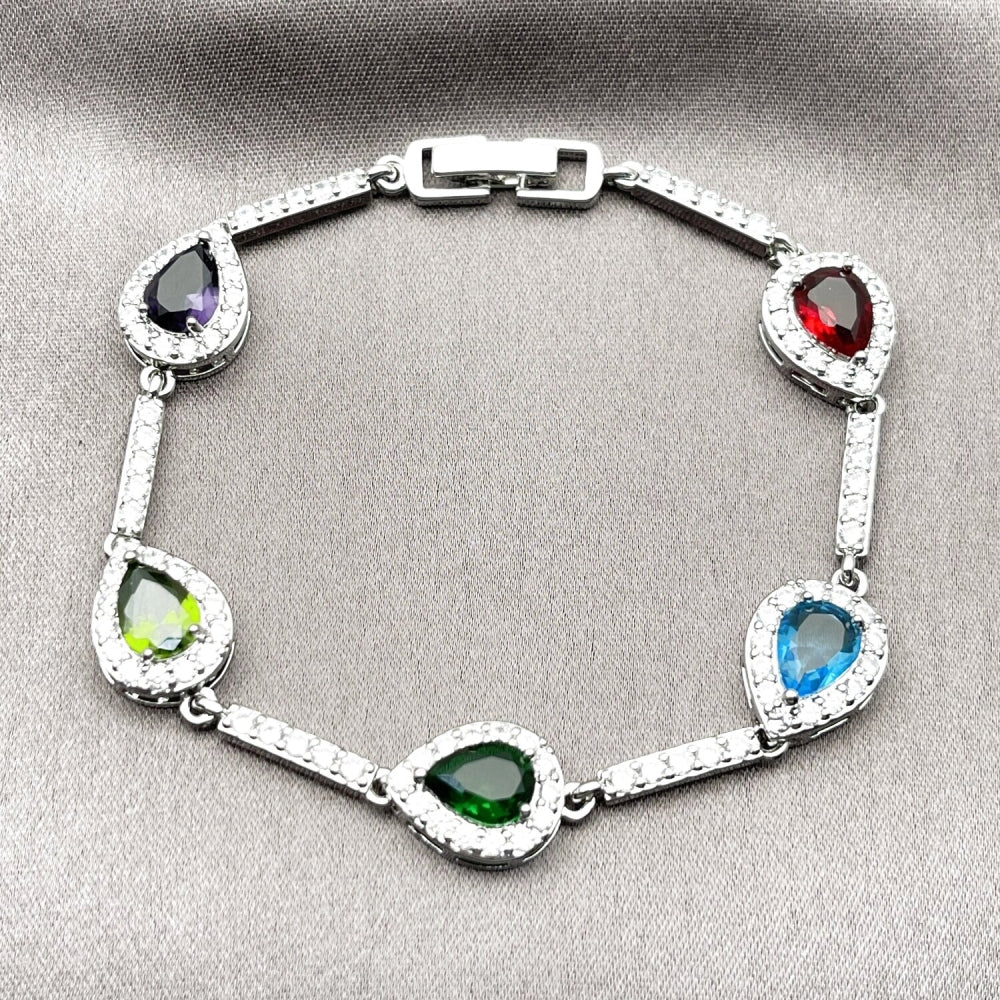 White Gold Filled Tennis Bracelet, Teardrop and Cluster Design, with Multicolor and White Cubic Zirconia, Polished, Rhodium Finish